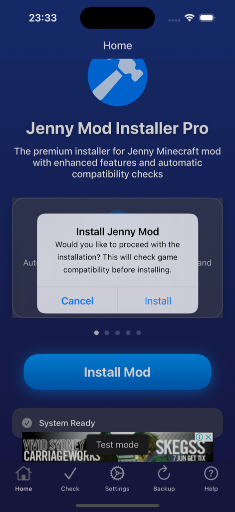 Jenny addon mod for MCPE - Pantalla de inicio de la aplicación Jenny Mod Installer Pro mostrando una ventana emergente de confirmación para instalar el mod Jenny para Minecraft PE.