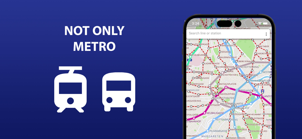 Public transport map Vienna - Vienna public transport map app screen showing metro tram and bus lines
