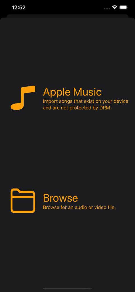 Ruffio: Backing track creator - Ruffio app screen showing import options for Apple Music and local file browsing
