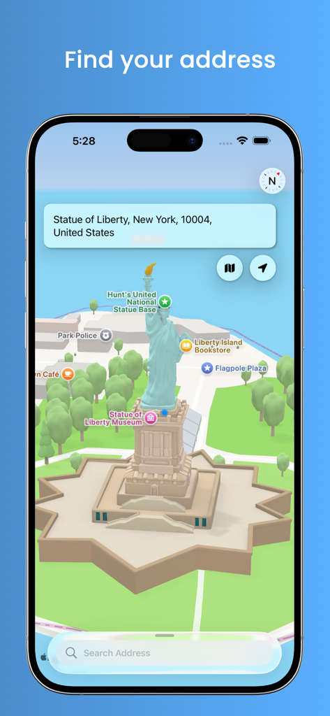 Address Finder - Address Finder App-Oberfläche mit einer 3D-Karte und Adressabfrage für die Freiheitsstatue.