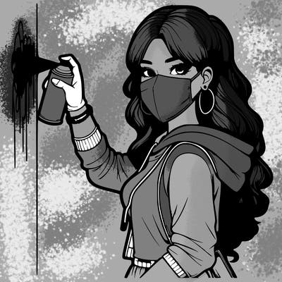 realistic girl with mask spray painting a wall