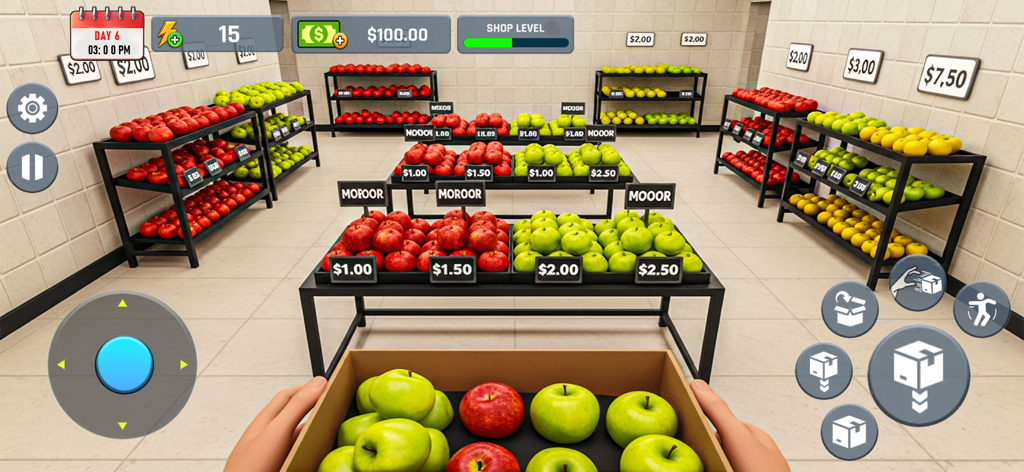 Dog Food Supermarket Simulator - First person view of restocking apple shelves in the Dog Food Supermarket Simulator mobile game
