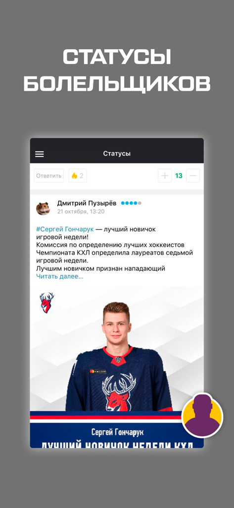 Capture d'écran de la section des statuts des fans dans l'application d'actualités de hockey KHL 2020