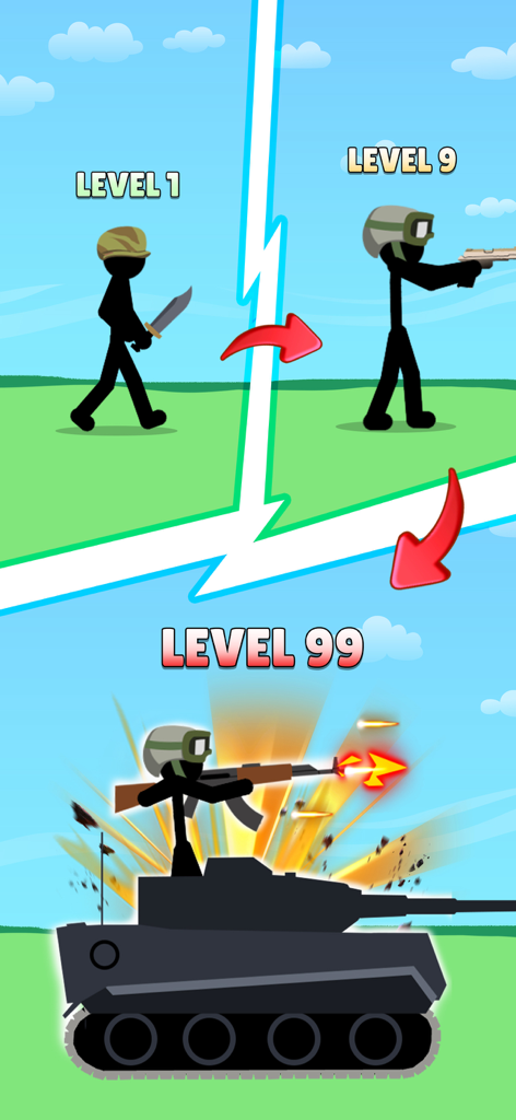 Stickman evolution progression from a level 1 soldier with a knife to a level 99 tank commander