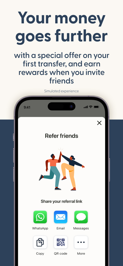 Remitly app referral screen showing options to invite friends and earn rewards via WhatsApp and email