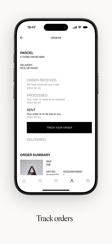 HM mobile app screen showing real-time order tracking and delivery status