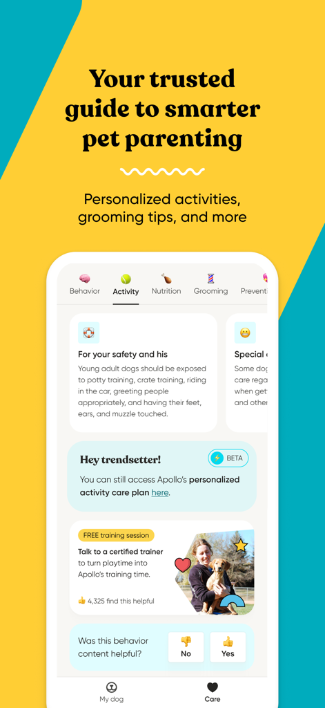 A screenshot of the Embark Vet app showing personalized pet parenting guides activities and grooming tips