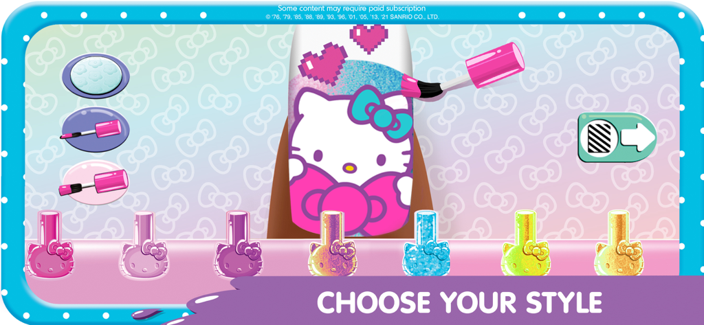 Hello Kitty nail salon game interface showing a nail design being painted with pink polish and various colorful character bottles