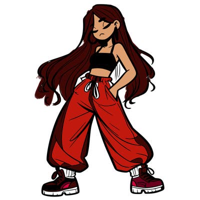 girl in baggy pants crop top and long hair