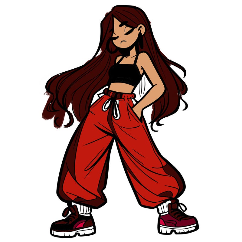 girl in baggy pants crop top and long hair