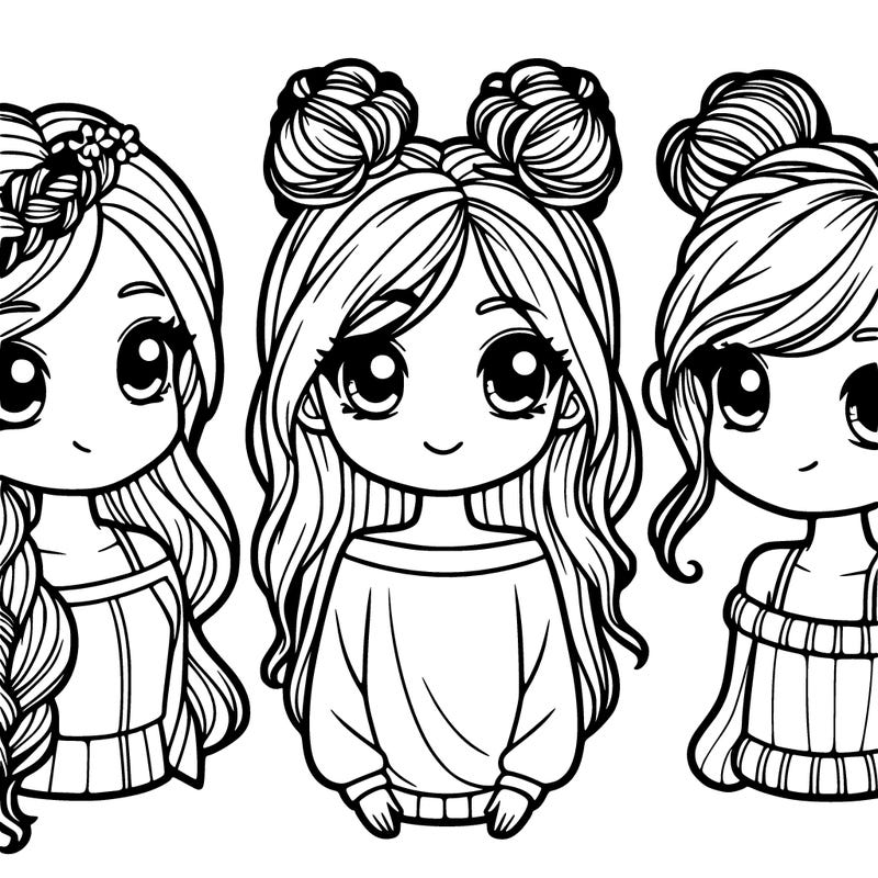 three girls one with long hair in a plait, one with her hair out and one with 2 buns