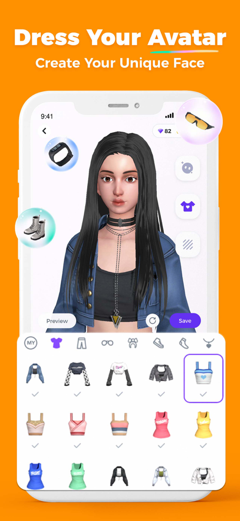 Uplive-Live Stream, Go Live - A mobile interface for dressing and customizing a 3D avatar with various clothing and accessory options.