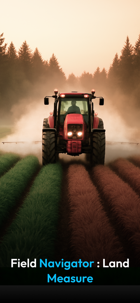 Field Navigator : Land Measure - Un tractor rojo trabajando en un gran campo agrícola con el título de la aplicación Field Navigator Land Measure