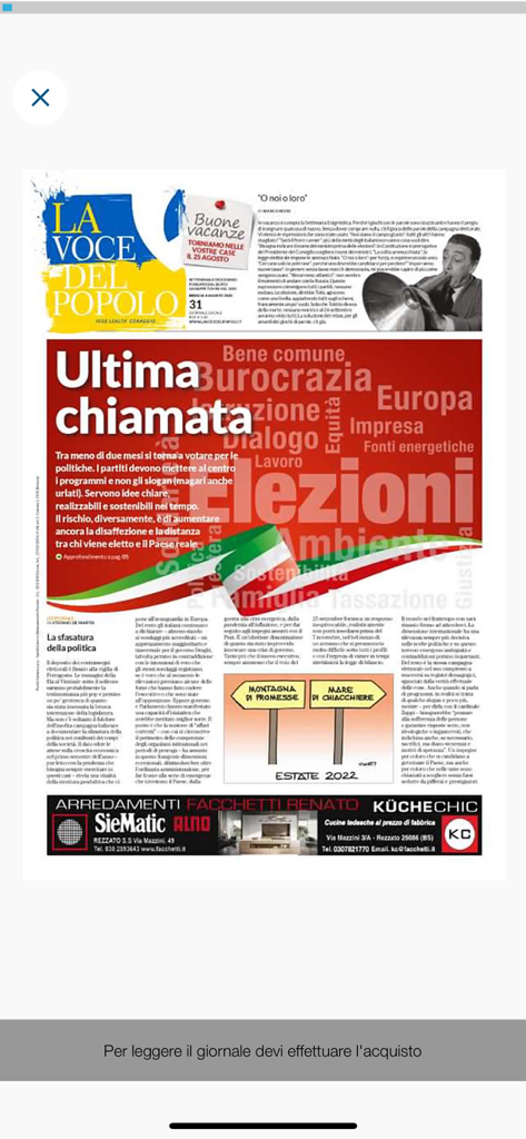La Voce del Popolo - Replica digitale della prima pagina del giornale La Voce del Popolo su un dispositivo mobile