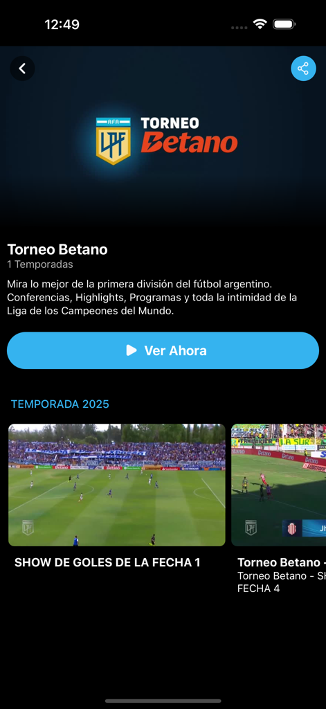 LPF Play - Schermata dell'app LPF Play che mostra la sezione Torneo Betano con highlights delle partite di calcio e un pulsante "guarda ora"