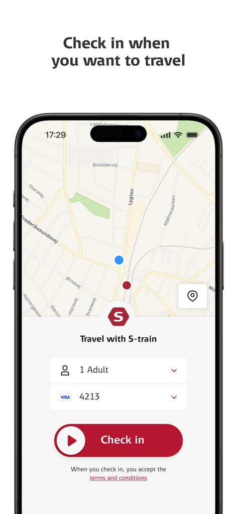 Interface of the DSB app showing a map and a check in button for train travel in Denmark