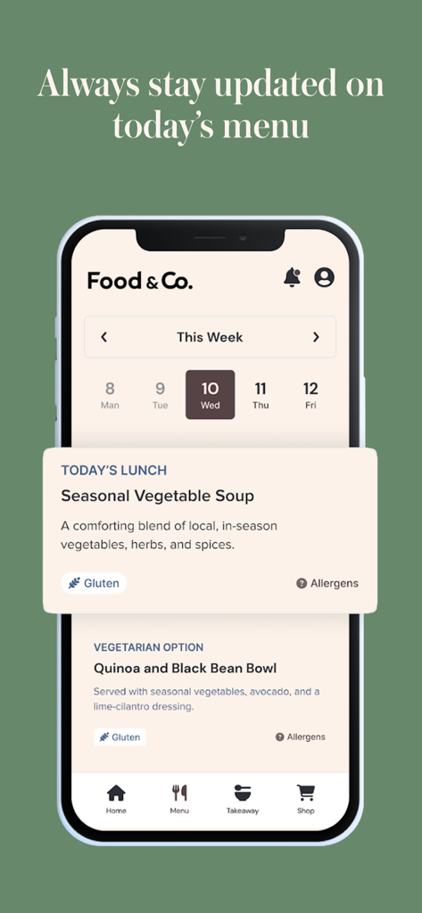 Serve by Food & Co. - Menú diario de almuerzo de la cafetería del lugar de trabajo en la aplicación móvil Serve by Food and Co.