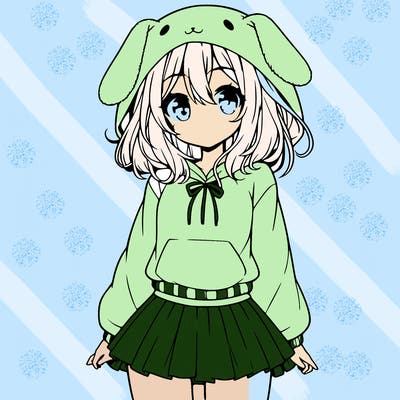 pretty anime girl wearing a fluffy hoodie with bunny ears on the hood and a skirt