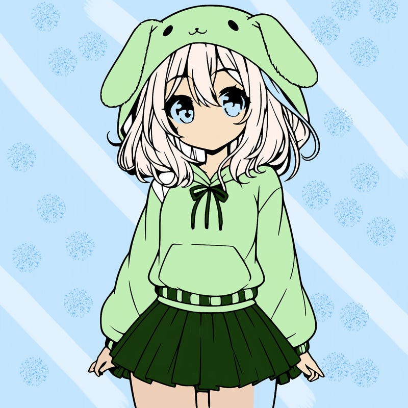 pretty anime girl wearing a fluffy hoodie with bunny ears on the hood and a skirt