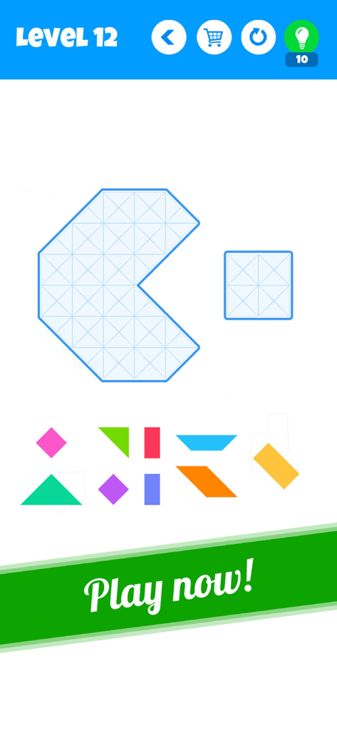 Blocks - New Tangram Puzzles - A mobile game screen from Blocks New Tangram Puzzles showing a geometric outline and various colorful pieces to drag and drop to complete a level