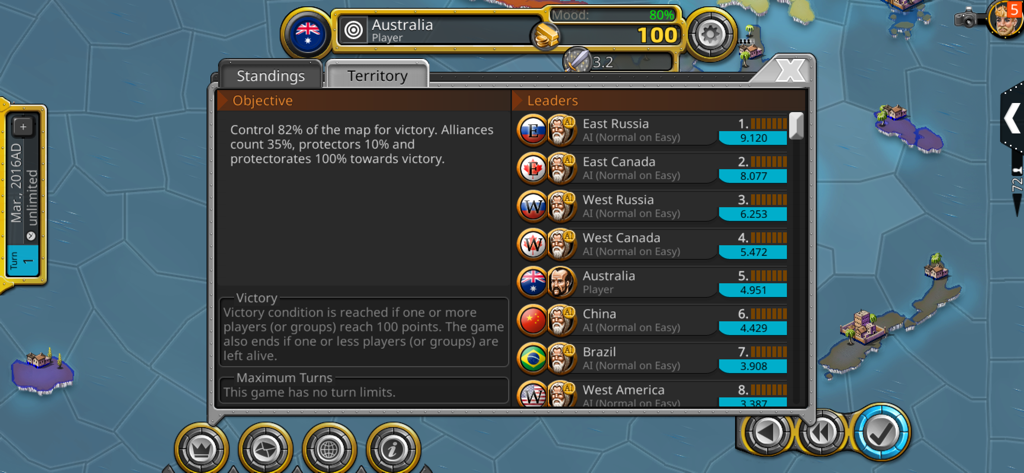 Le menu des classements et des objectifs dans Age of Conquest IV montrant le classement des nations sur une carte du monde.