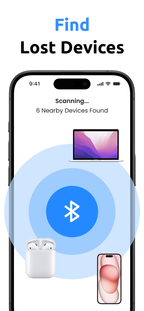 ラップトップ、イヤホン、スマートフォンを含む近くのBluetoothデバイスをスキャンしているFind My Podsアプリのインターフェース