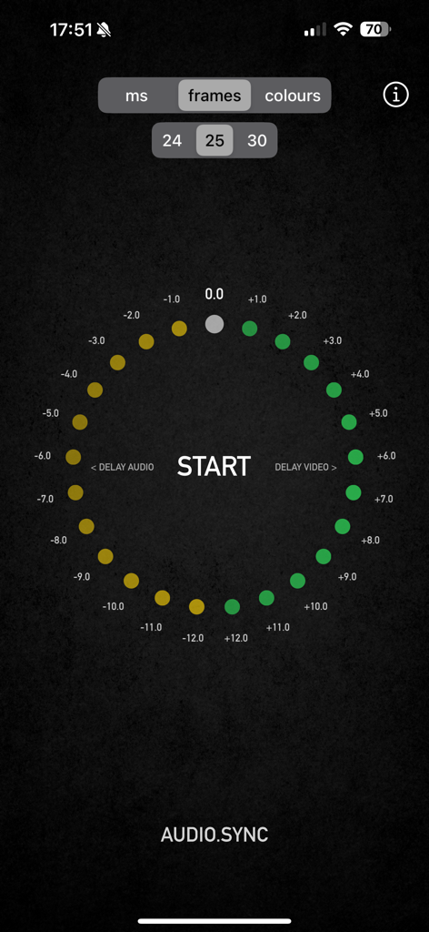 AUDIO.SYNC - AUDIO.SYNC App Hauptbildschirm mit dem visuellen Synchronisationsring und Frame-Rate-Steuerelementen