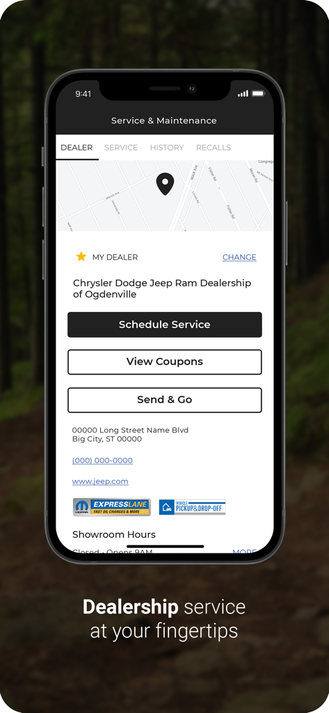 Jeep® - Jeep mobile app screen showing dealership information and options to schedule service or view coupons.