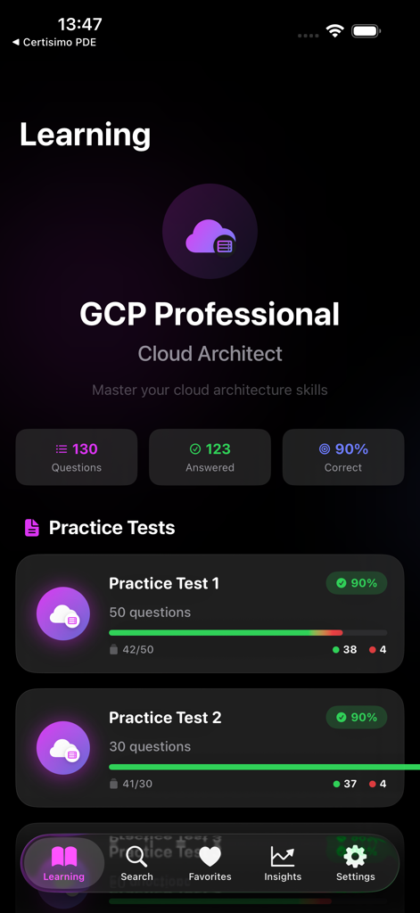 Certisimo PCA - GCP Professional Cloud Architect practice tests dashboard with exam statistics and progress tracking
