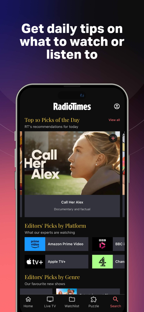 Radio Times - What to watch - Radio Times app interface showing daily watch recommendations and editors picks by platform