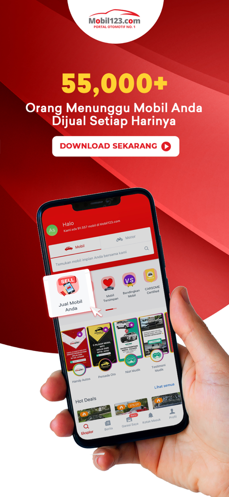Mobil123.com Mobil baru-bekas - Mobil123 app interface showing the sell car feature with over 55000 potential buyers