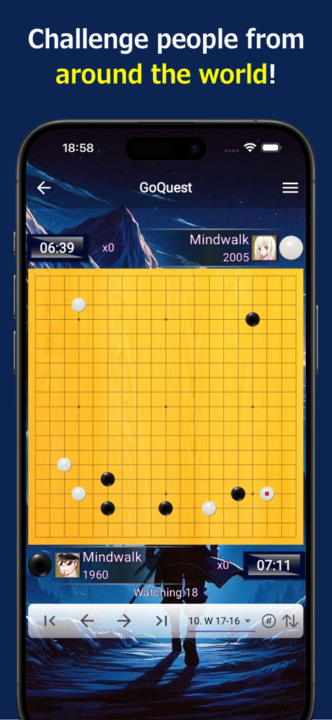 GoQuest - A digital Go board game match on the GoQuest mobile app with global player rankings.