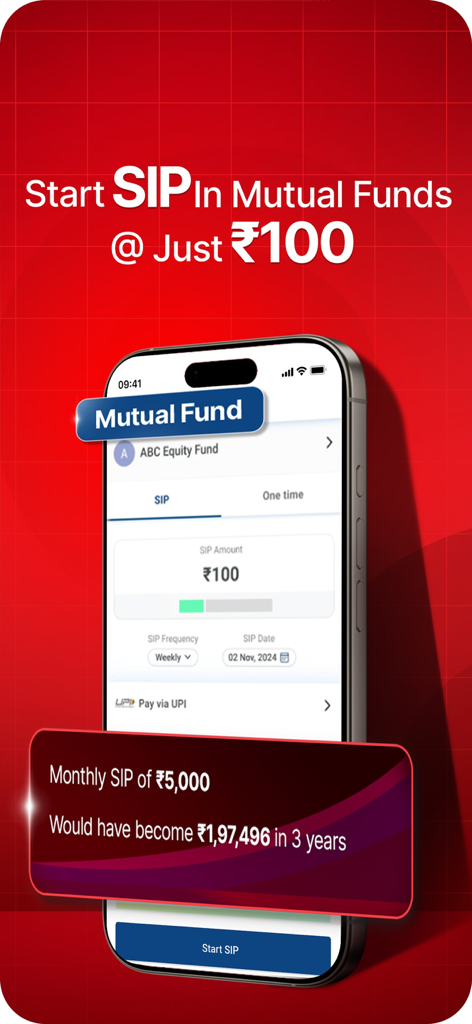 Mobile screen of the Kotak Neo app showing the mutual fund SIP setup interface starting at 100 rupees