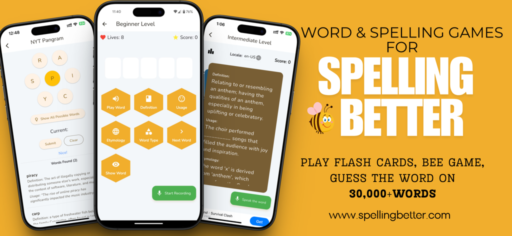 Spelling Bee Spelling Better - Promotional graphic for Spelling Bee Spelling Better showing mobile app screens for spelling games, flash cards, and vocabulary levels.