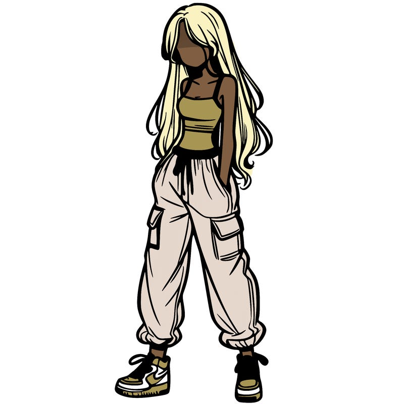 girl in baggy pants crop top and long hair