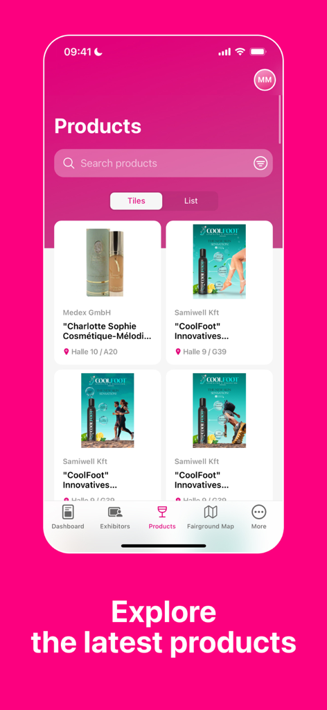 Die BEAUTY DÜSSELDORF App zeigt ein Verzeichnis von Schönheitsprodukten mit Suchfunktion und Kachelansicht.