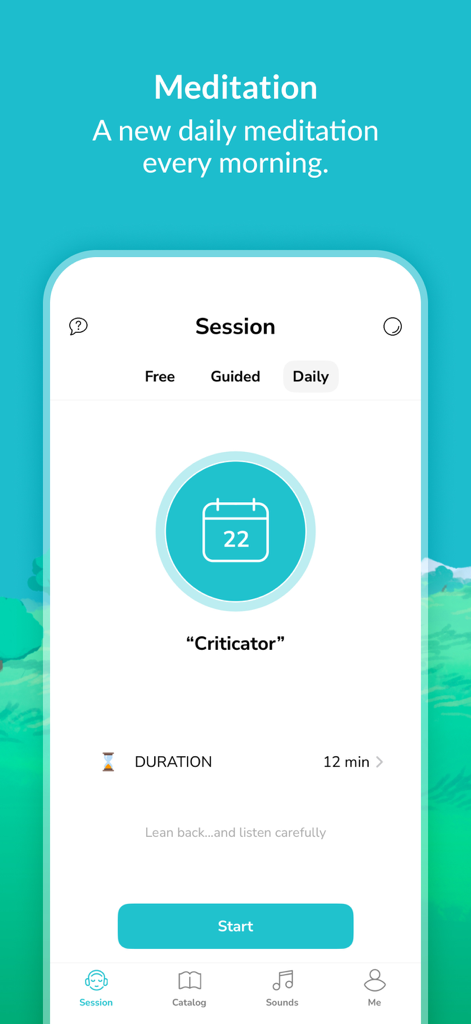 Interfaz de la app Petit BamBou que muestra una sesión de meditación diaria de doce minutos titulada "Criticator".