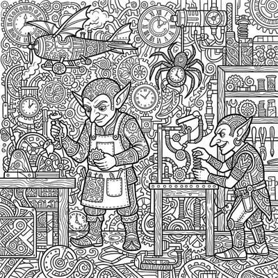 Step into the fantastical workshop of cunning Goblin Tinkers, brought to life with the mesmerizing patterns of Zentangle art. This intricate coloring page invites you to explore a world of mechanical marvels and whimsical designs.