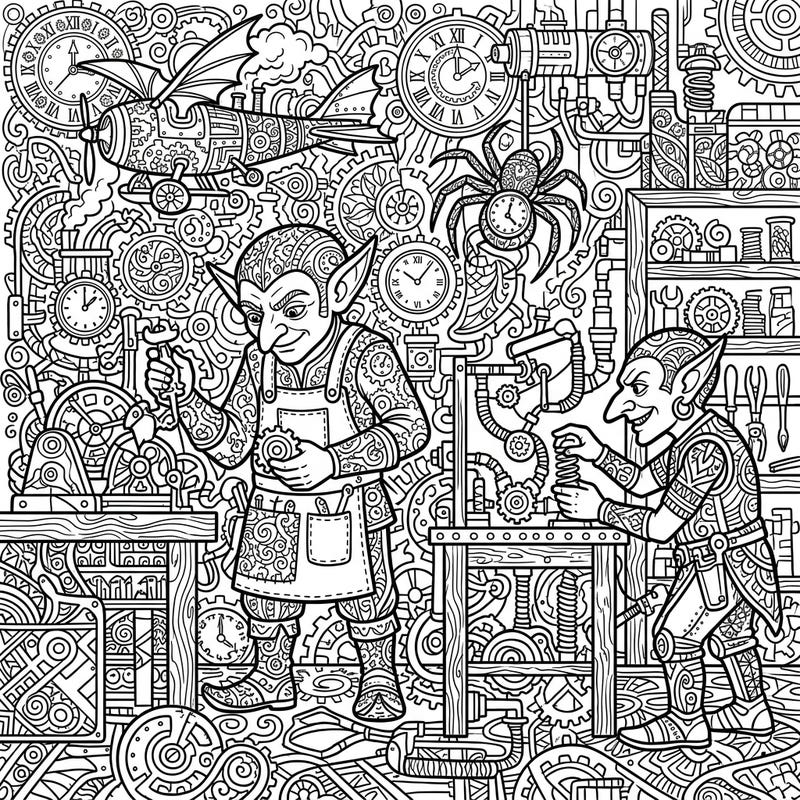 Step into the fantastical workshop of cunning Goblin Tinkers, brought to life with the mesmerizing patterns of Zentangle art. This intricate coloring page invites you to explore a world of mechanical marvels and whimsical designs.