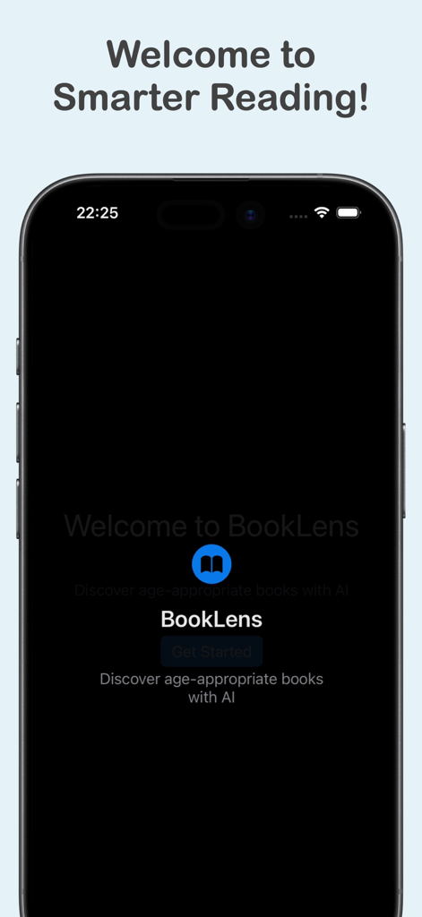 BookLens: Age-Right Books - La pantalla de bienvenida de la aplicación BookLens mostrando el logo y el eslogan para descubrir libros apropiados para la edad con IA.
