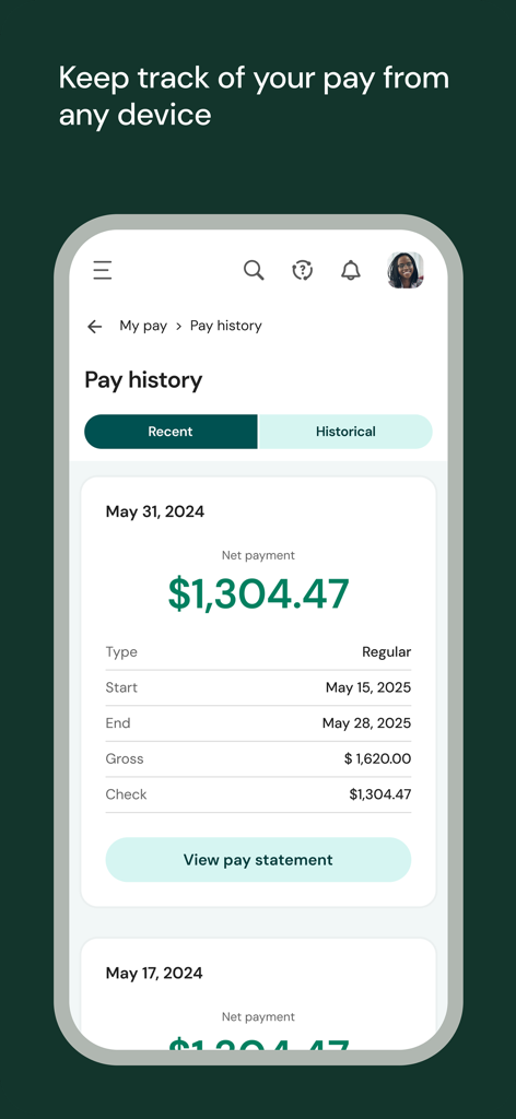 UKG Ready - UKG Readyモバイルアプリの給与履歴および純支払い詳細を表示するスクリーンショット。