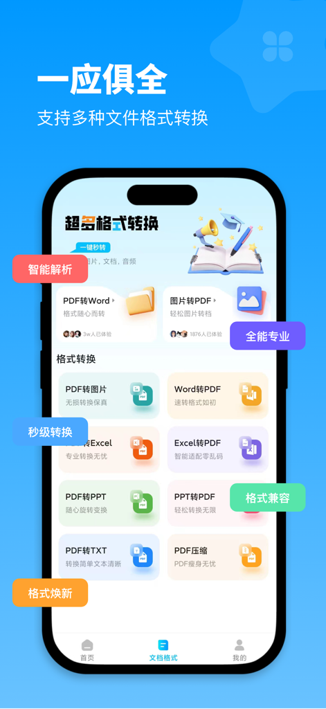 全能格式转换王-视频音频转换图片文件格式处理 - Schermata dell'app mobile che mostra strumenti di conversione documenti per PDF, Word e immagini.