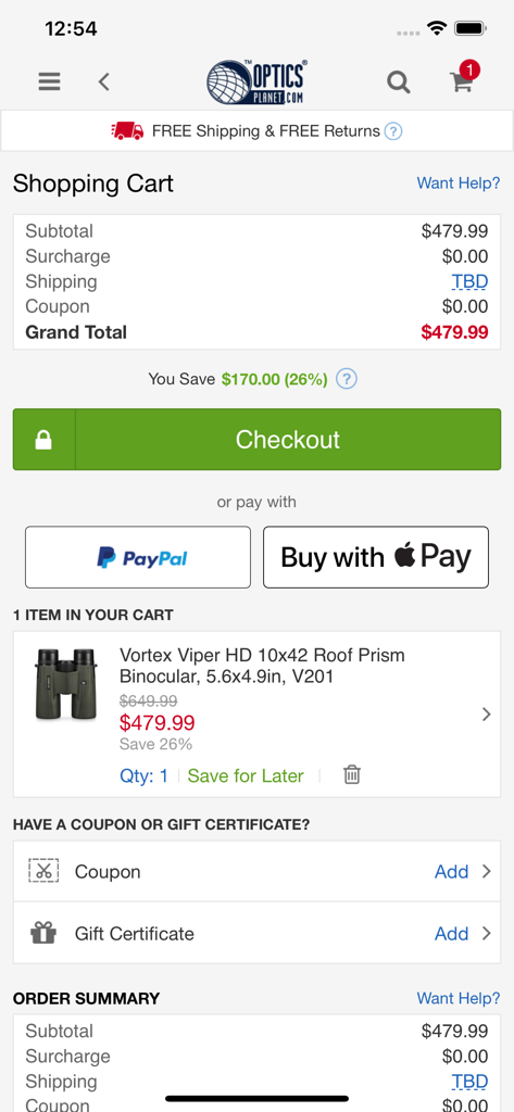 OpticsPlanet.com - The shopping cart screen of the OpticsPlanet mobile app showing binoculars and checkout options