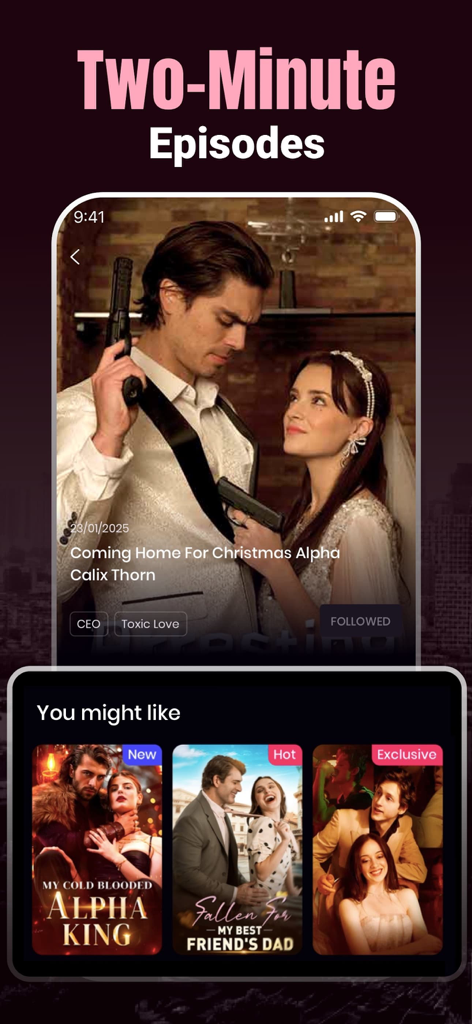 Tallflix: Short Dramas & Films - Tallflix app interface showcasing two-minute short drama episodes and romantic movie posters.