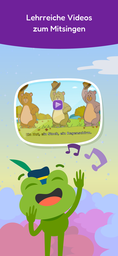 sofatutor KIDS - A cheerful cartoon frog presenting an educational singalong video for children with three bears and German subtitles.