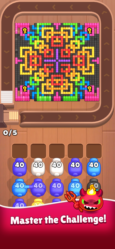 Gameplay screenshot of Color Blaze Shooter showing a vibrant block grid pattern and a queue of colored characters on a conveyor belt.
