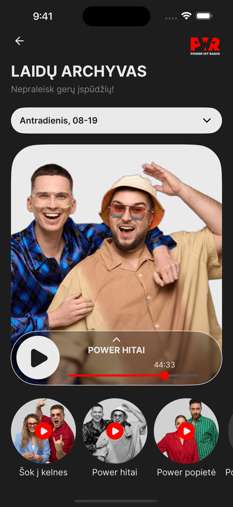 Power Hit Radio - Lietuva - Power Hit Radio Lietuva app archive screen displaying radio hosts and shows
