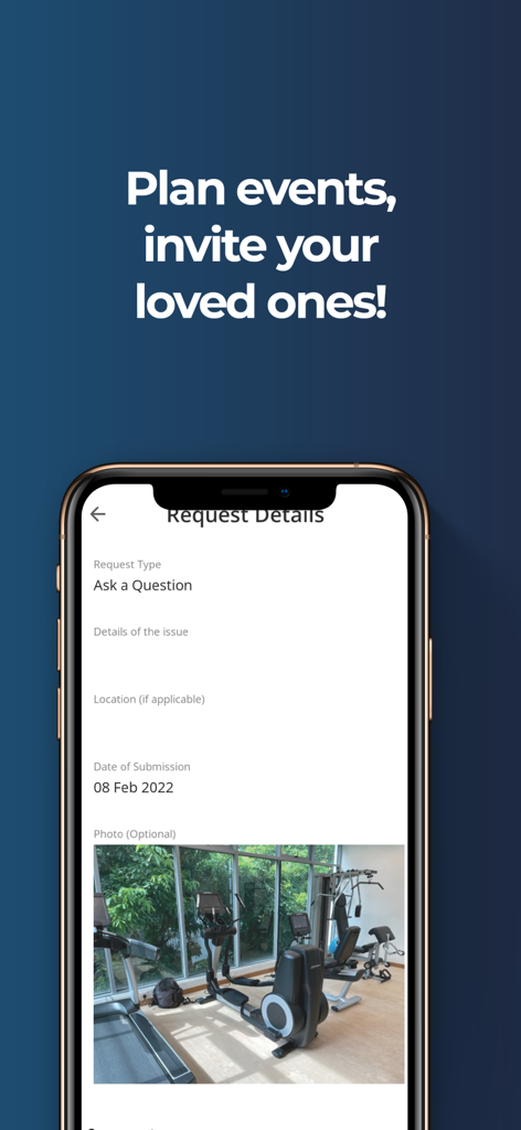 The Simple App - Mobile interface of The Simple App showing a condo service request form and gym facility photo.