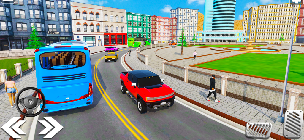 Bus Games - City Bus Simulator - Un autobús azul conduciendo por una ciudad soleada en un simulador en 3D