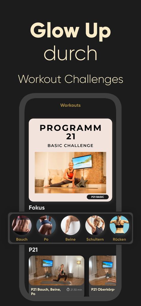 Programm 21: Workouts zuhause - Programm 21 app screen displaying home workout challenges and body part focus areas